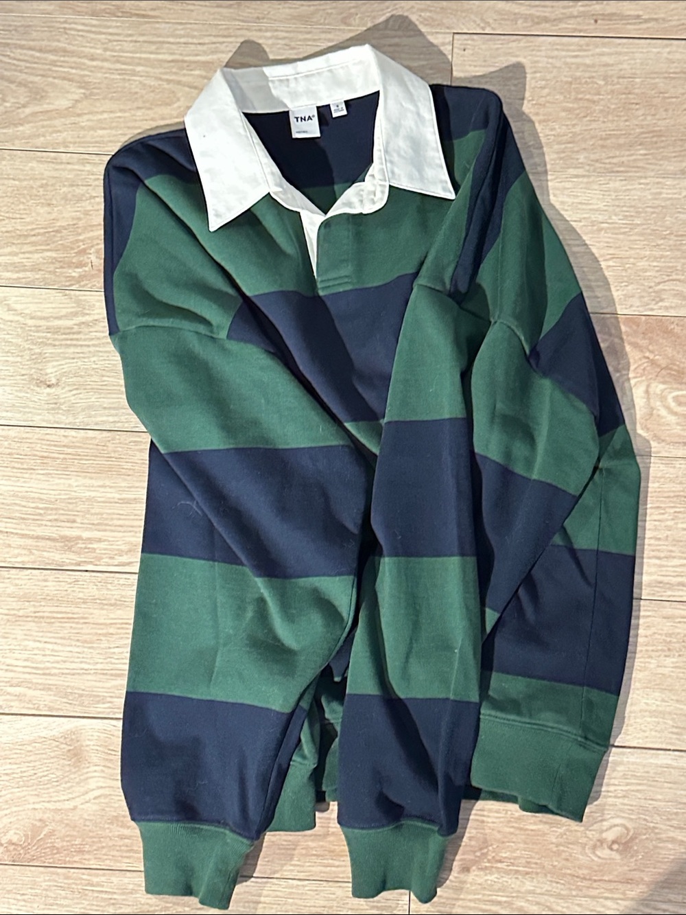 TNA Striped Rugby Polo in Green, Navy & White Collar